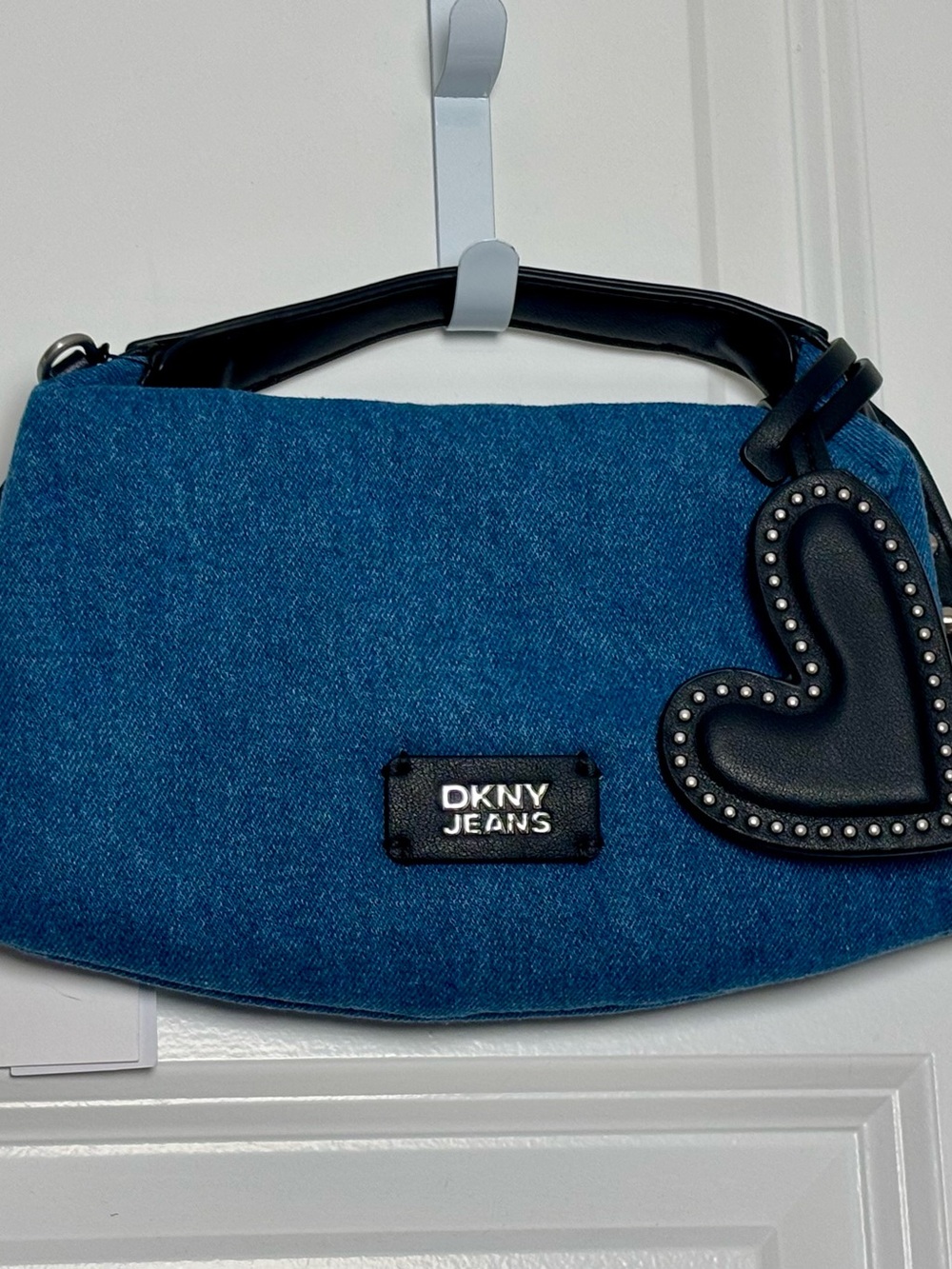 Dkny Blue Denim Studded Shoulder Handbag with Heart Charm & Crossbody Strap